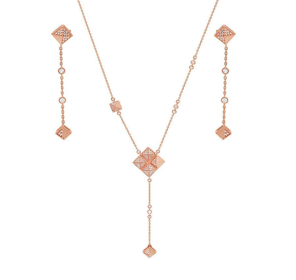 Rhombus Shape Pendant With Round Diamond Rose Gold Necklace Set