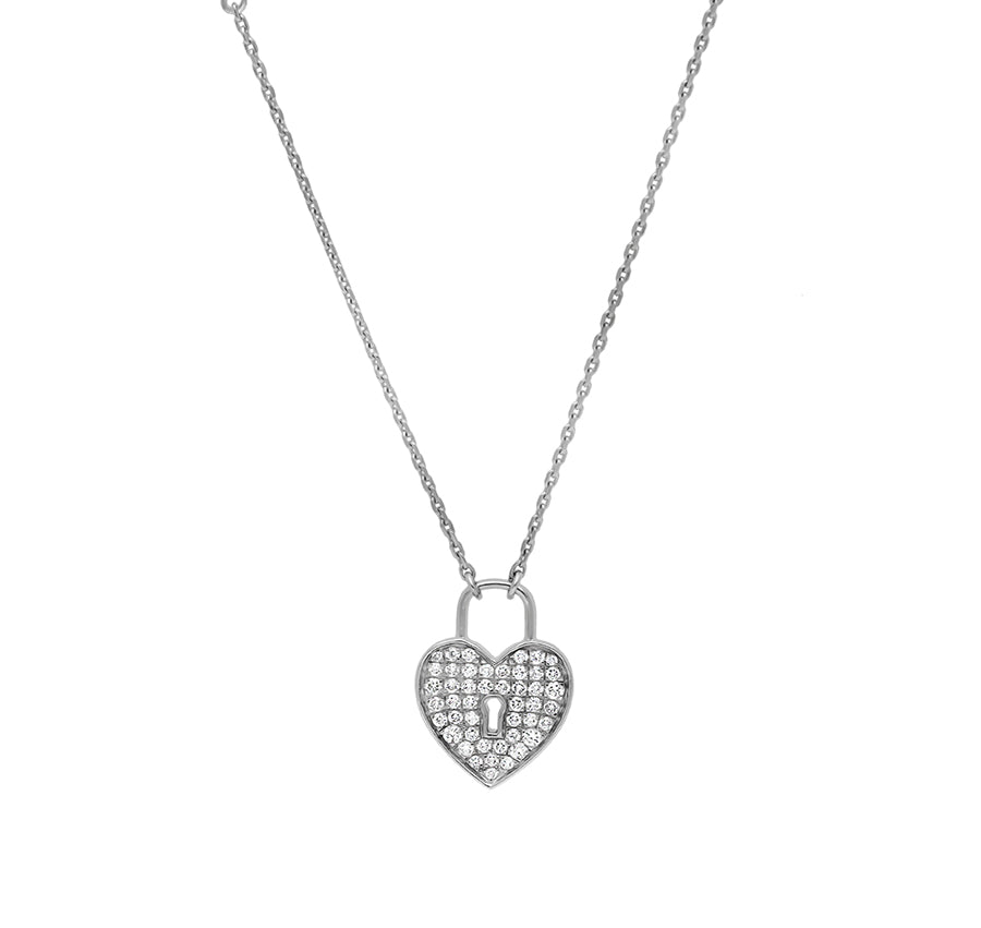 Heart Lock Shape Pendant Round Cut Diamond White Gold Necklace Set