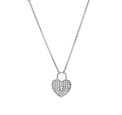 Heart Lock Shape Pendant Round Cut Diamond White Gold Necklace Set