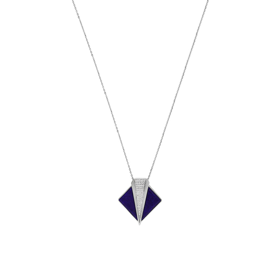 Rhombus Shape Dark Blue Lapis Round Cut Diamond White Gold Necklace Set