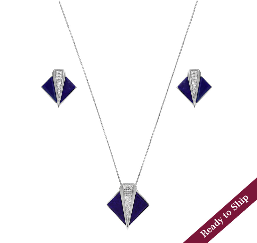 Rhombus Shape Dark Blue Lapis Round Cut Diamond White Gold Necklace Set