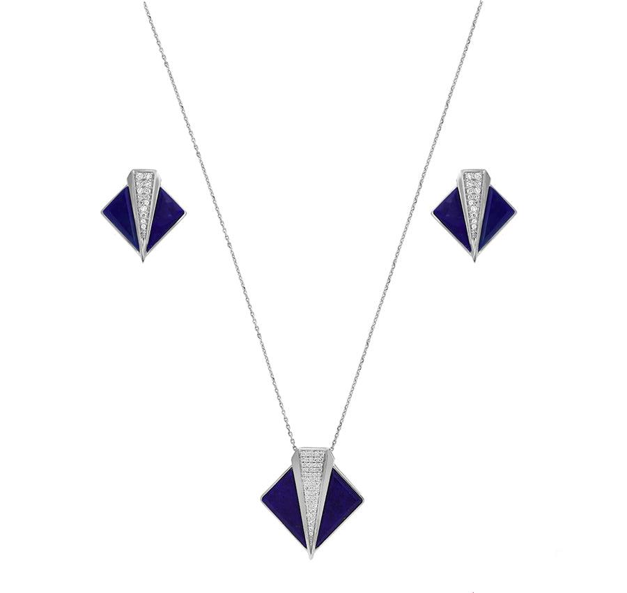 Rhombus Shape Dark Blue Lapis Round Cut Diamond White Gold Necklace Set