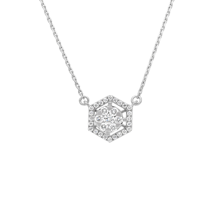 Hexagon Shape Pendant With Round Cut Diamond White Gold Necklace