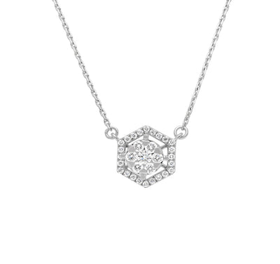 Hexagon Shape Pendant With Round Cut Diamond White Gold Necklace