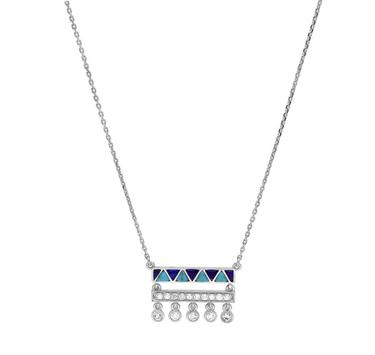 Rectangle Shape Pendant With Turquoise and Lapis Drop Round Diamond White Gold Necklace Set