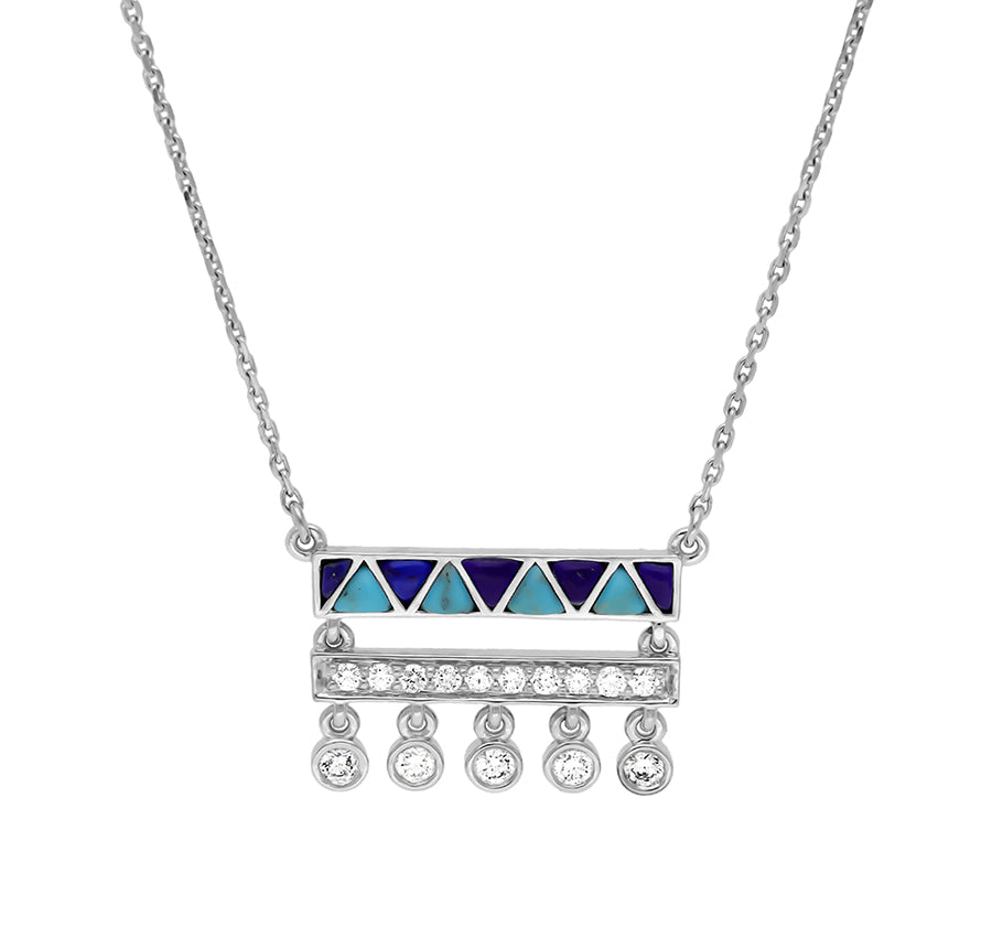 Rectangle Shape With Turquoise and Lapis Drop Round Diamond White Gold Necklace Set
