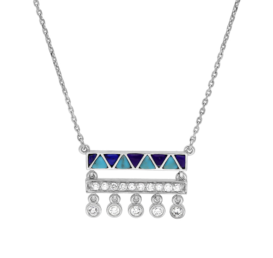 Rectangle Shape Pendant With Turquoise and Lapis Drop Round Diamond White Gold Necklace Set