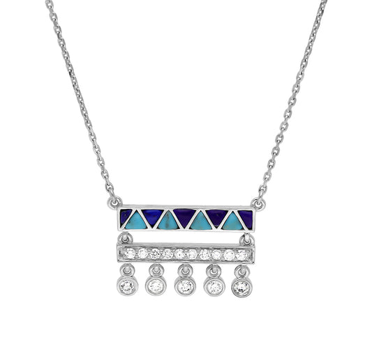 Rectangle Shape Pendant With Turquoise and Lapis Drop Round Diamond White Gold Necklace Set