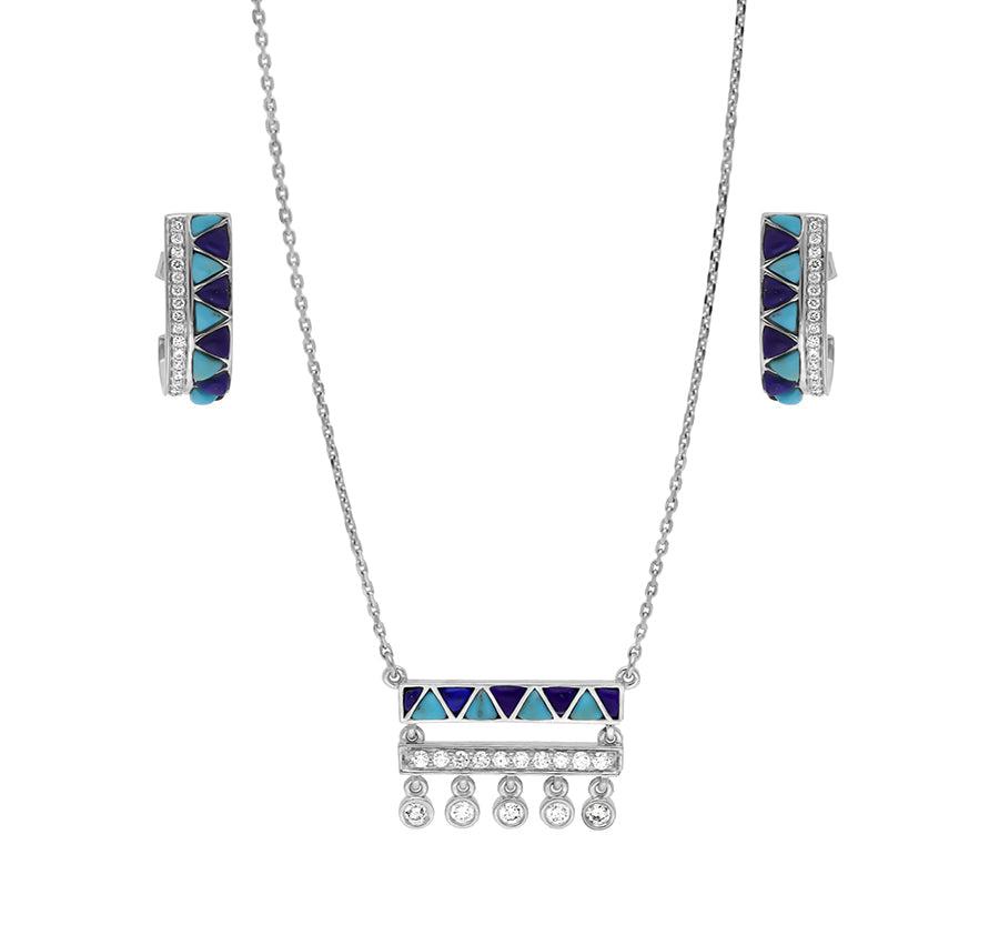 Rectangle Shape Pendant With Turquoise and Lapis Drop Round Diamond White Gold Necklace Set