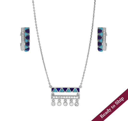 Rectangle Shape Pendant With Turquoise and Lapis Drop Round Diamond White Gold Necklace Set