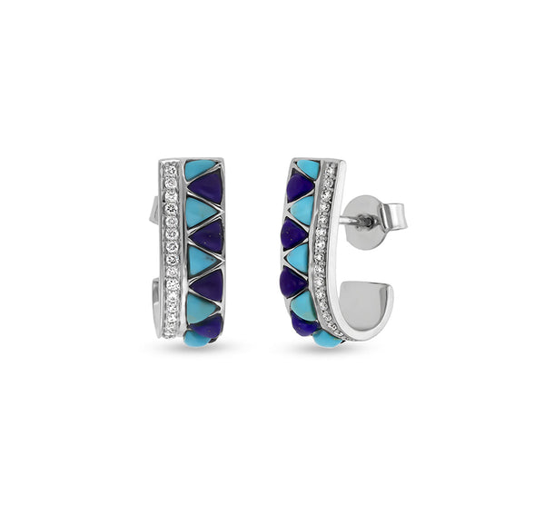 Rectangle Shape Pendant With Turquoise and Lapis Drop Round Diamond White Gold Necklace Set