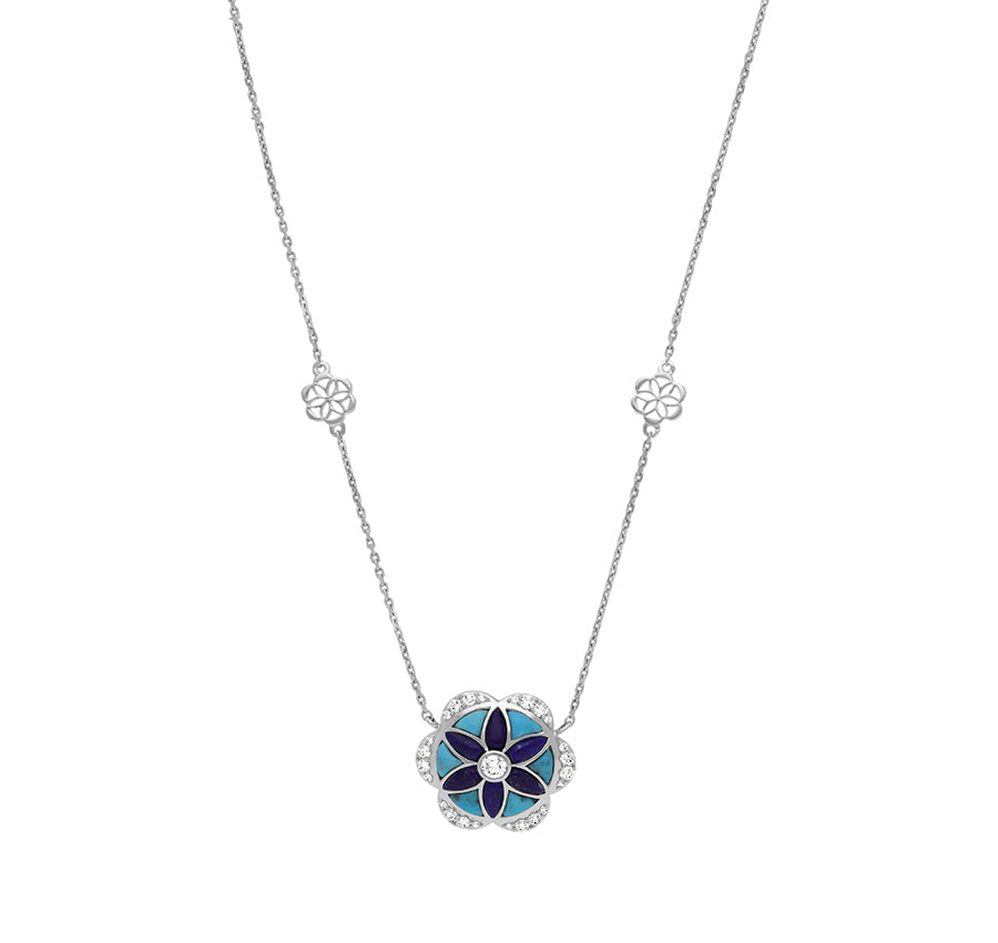 Flower Shape Pendant Turquoise and Lapis With Round Diamond White Gold Necklace Set