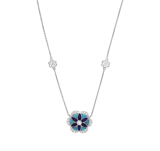 Flower Shape Pendant Turquoise and Lapis With Round Diamond White Gold Necklace Set