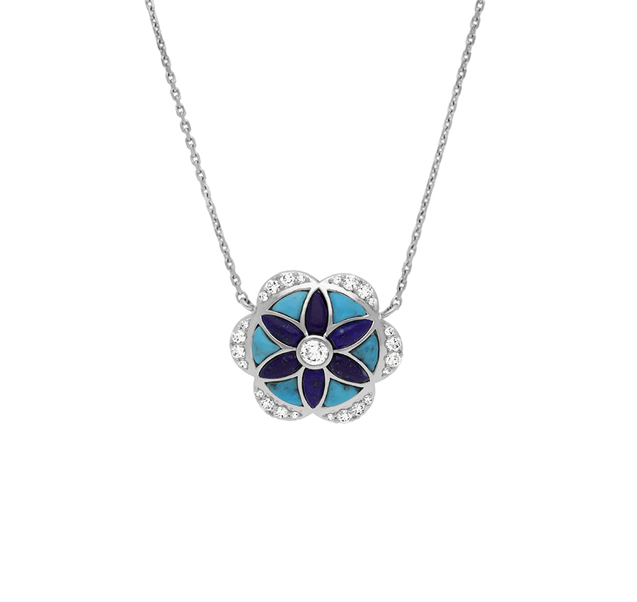 Flower Shape Turquoise and Lapis With Round Diamond White Gold Necklace Set