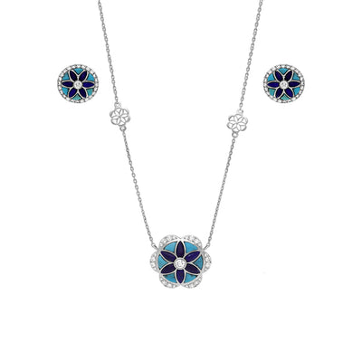 Flower Shape Turquoise and Lapis With Round Diamond White Gold Necklace Set