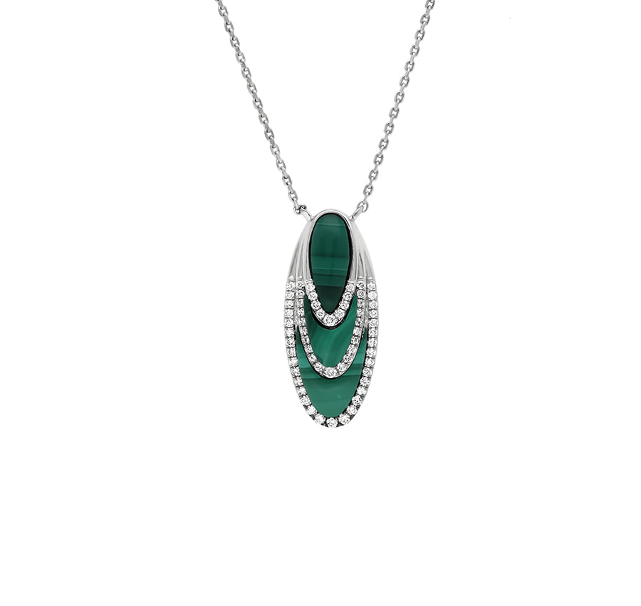 Комплект ожерелья овальной формы с зеленым малахитом и белым золотом с бриллиантами 