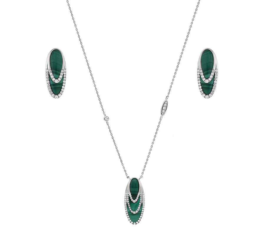 Oval Shape Green Malachite White Gold Diamond Necklace Set