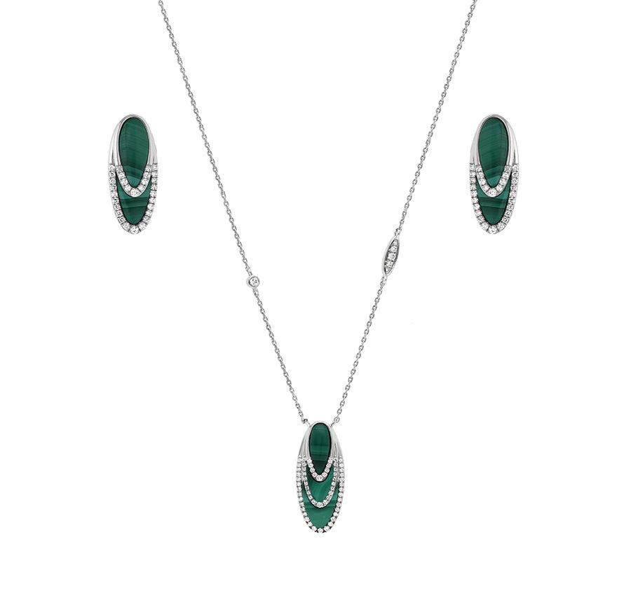 Oval Shape Green Malachite White Gold Diamond Necklace Set