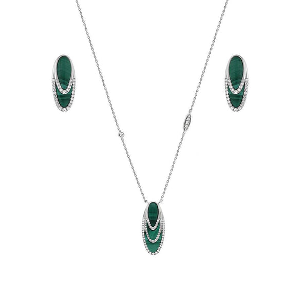 Oval Shape Green Malachite White Gold Diamond Necklace Set