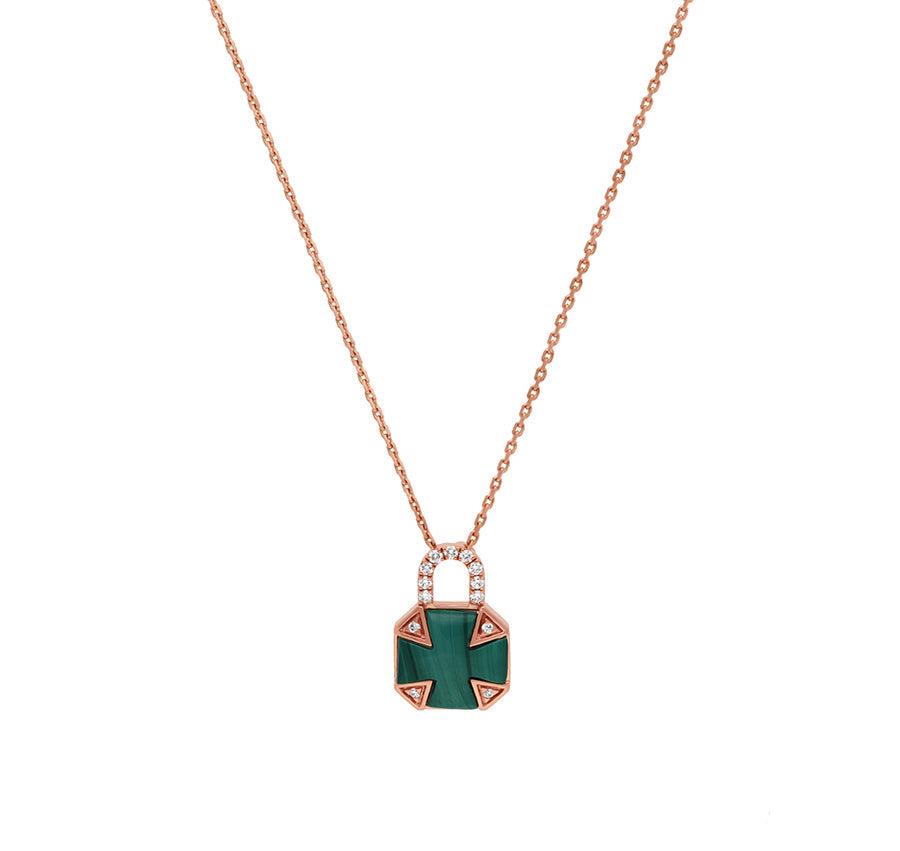 Mini Padlock Malachite Round Diamond Rose Gold Necklace