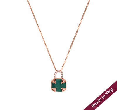 Mini Padlock Malachite Round Diamond Rose Gold Necklace