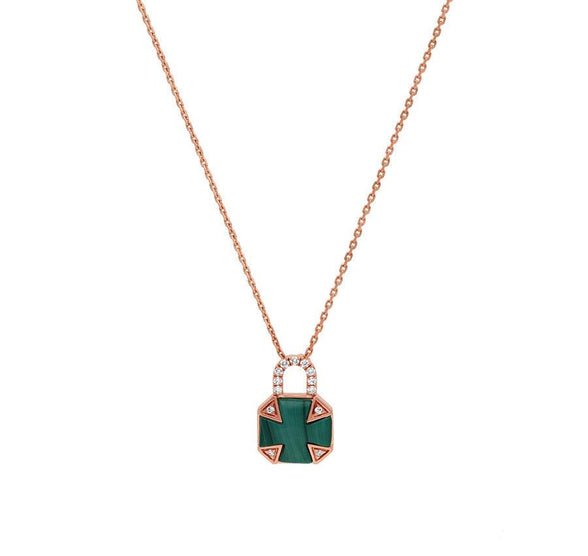 Mini Padlock Malachite Round Diamond Rose Gold Necklace