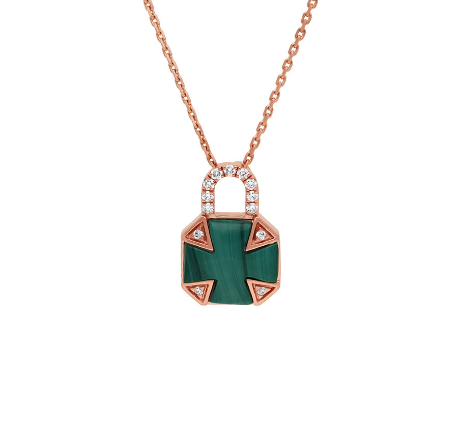 Mini Padlock Malachite Round Diamond Rose Gold Necklace