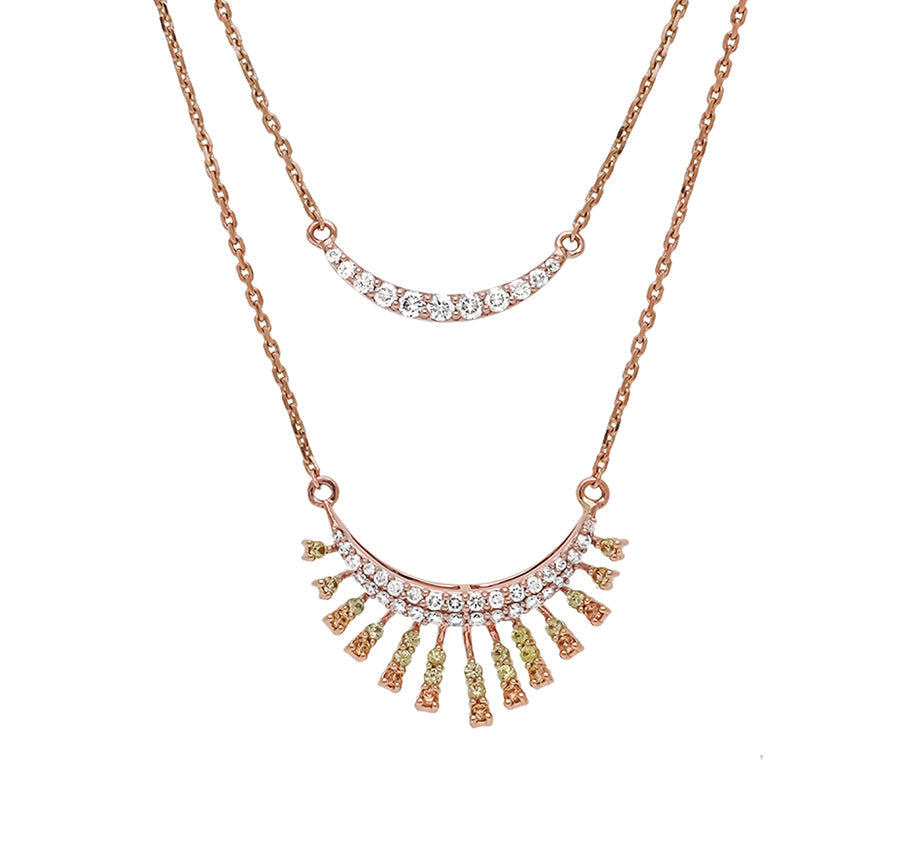 Ожерелье из розового золота с двойной нитью круглого желтого и оранжевого сапфира и бриллиантами 