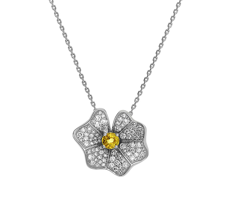 Yellow Sapphire With Round Natural Diamond White Gold Necklace Set