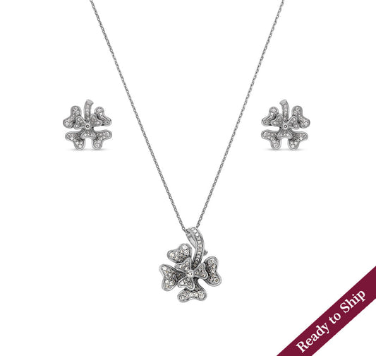 Flower Shape Round Natural diamond White Gold Necklace Set