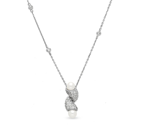 Комплект ожерелья из белого золота с круглым натуральным бриллиантом в форме узла из белого жемчуга и паве 