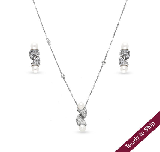 Knot Shape White Pearl Round Natural Diamond With Pave Setting White Gold Necklace Set